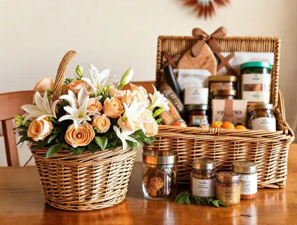Bakul bunga ros pic dan lili di sebelah bakul hamper makanan